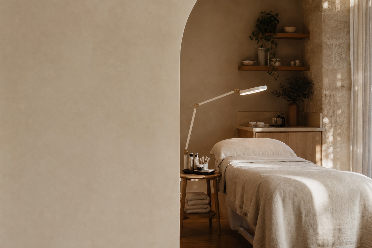 Warm, private beauty studio prepared for a one-to-one appointment